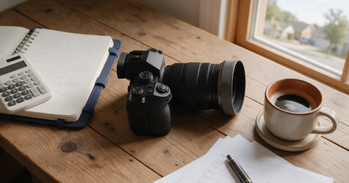 Mesa de fotógrafo con cámara, calculadora y libreta para calcular el precio de las sesiones