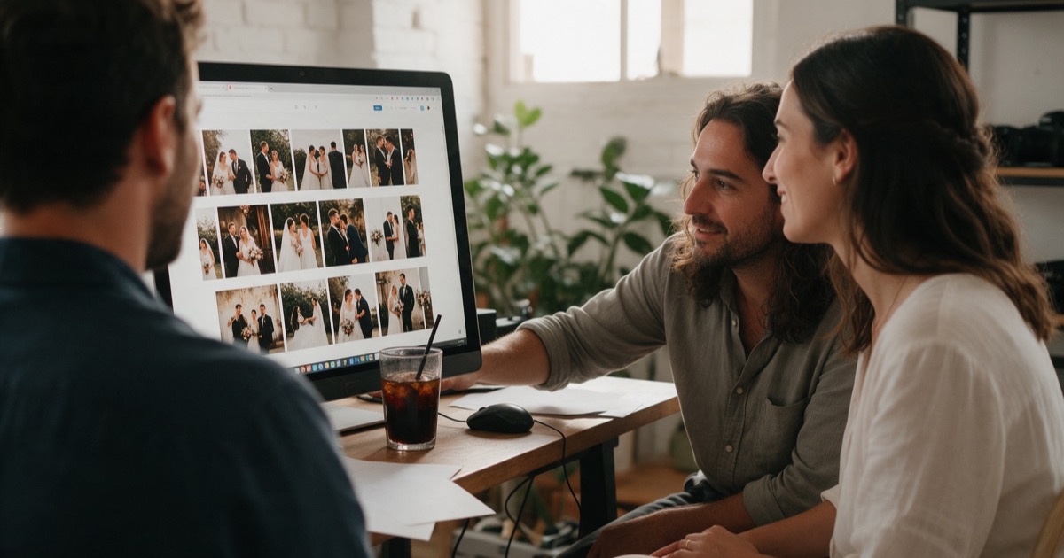 Una pareja revisa con su fotógrafo la galería privada de su boda en la pantalla del estudio